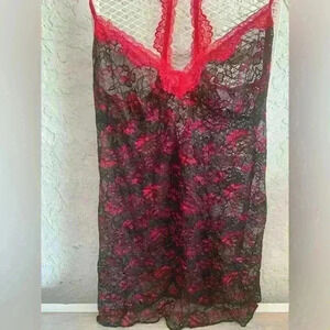 Secret Treasures Womens Sz L Red Black Lace Neglige’ Teddy Lingerie Nightgown